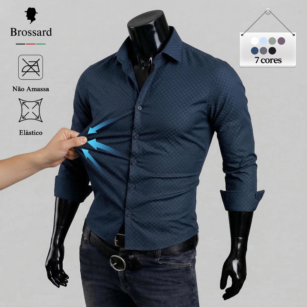 BROSSARD Camisa Social Masculina Slim Fit Luxo Roupa Trabalho Não Amassa Blusa do Brasil Malha Moda