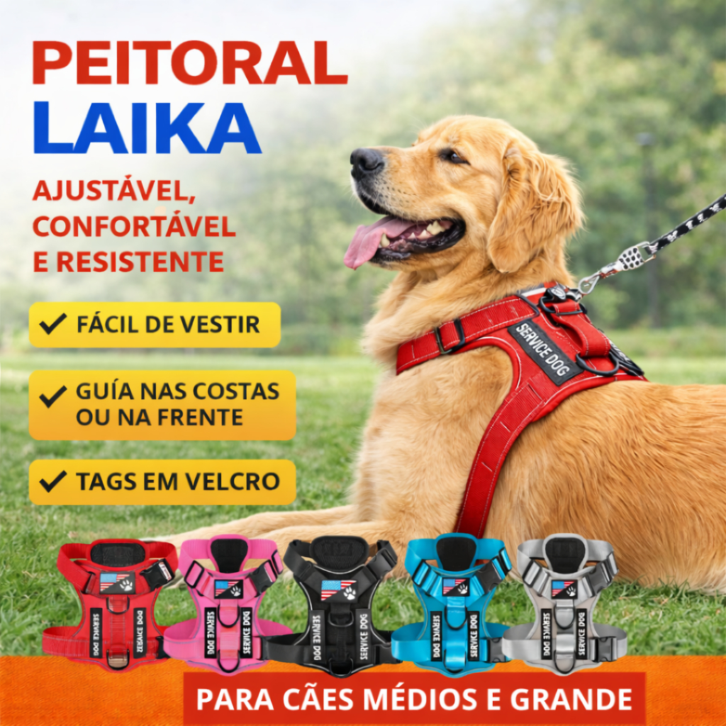 Peitoral Laika Regulagem Refletivo Ajustável Coleira Resistente Confortável Cachorro Médio Grande