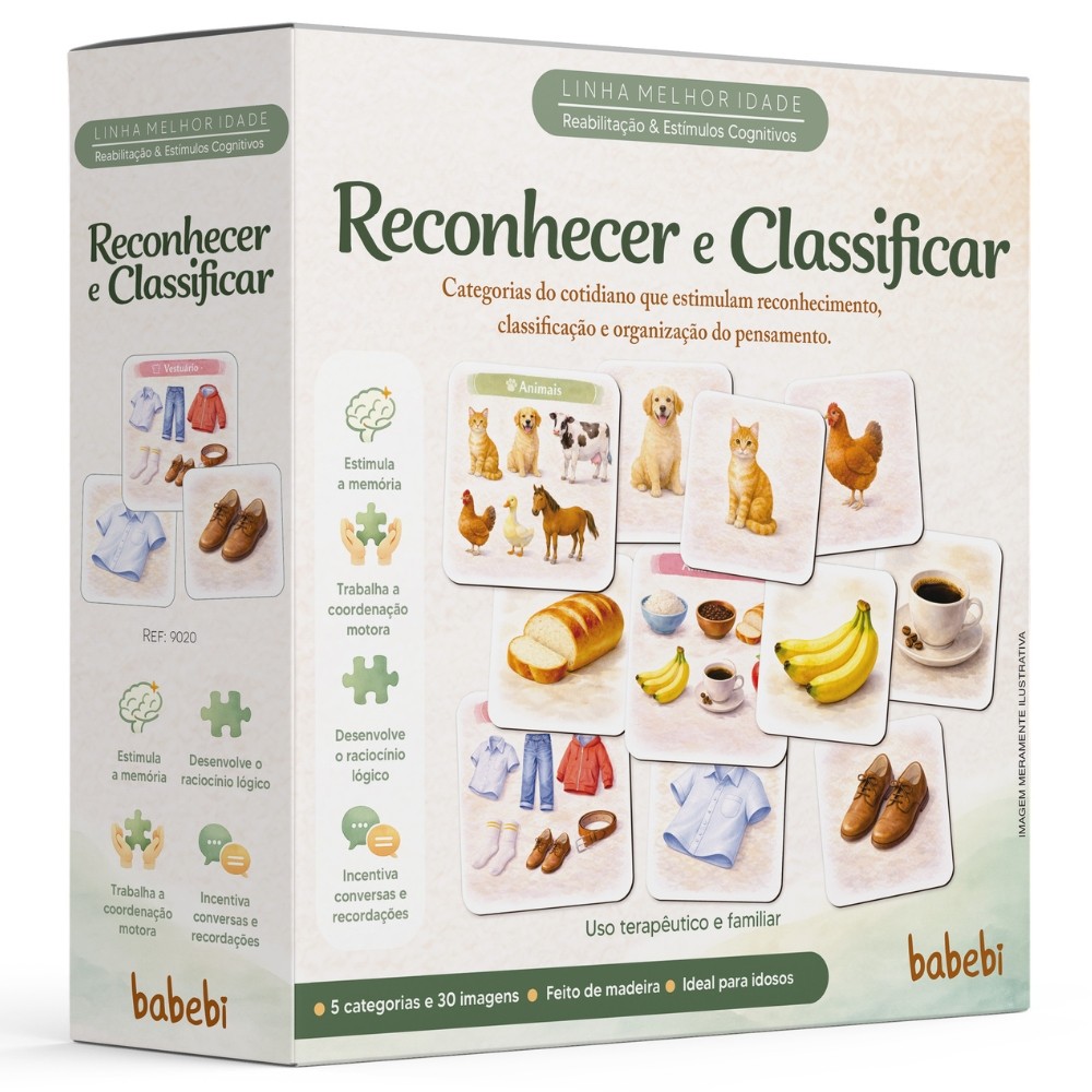 JOGO RECONHECER E CLASSIFICAR 35 PEÇAS MADEIRA BABEBI LÓGICO IDOSOS COORDENAÇÃO MEMÓRIA TERAPÊUTICO