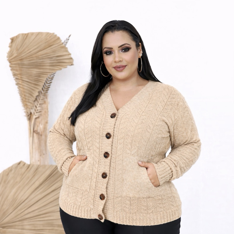 Casaco Tricot Feminino com Botões e Bolsos Texturizado Plus Size Moda Outono Inverno Cardigan