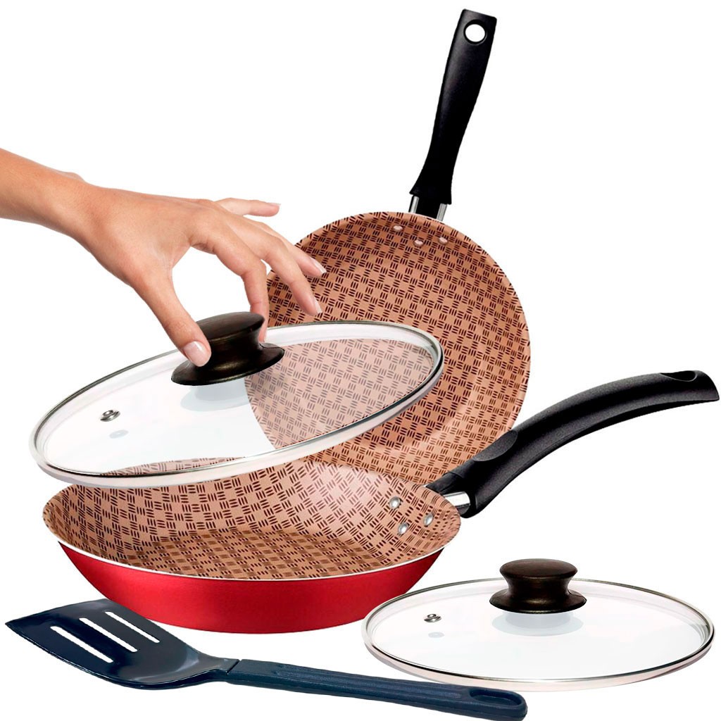 Jogo de Frigideiras com Tampa e Espátula Tramontina Turim Antiaderente 20 cm e 16 cm Vermelho 2 Pçs