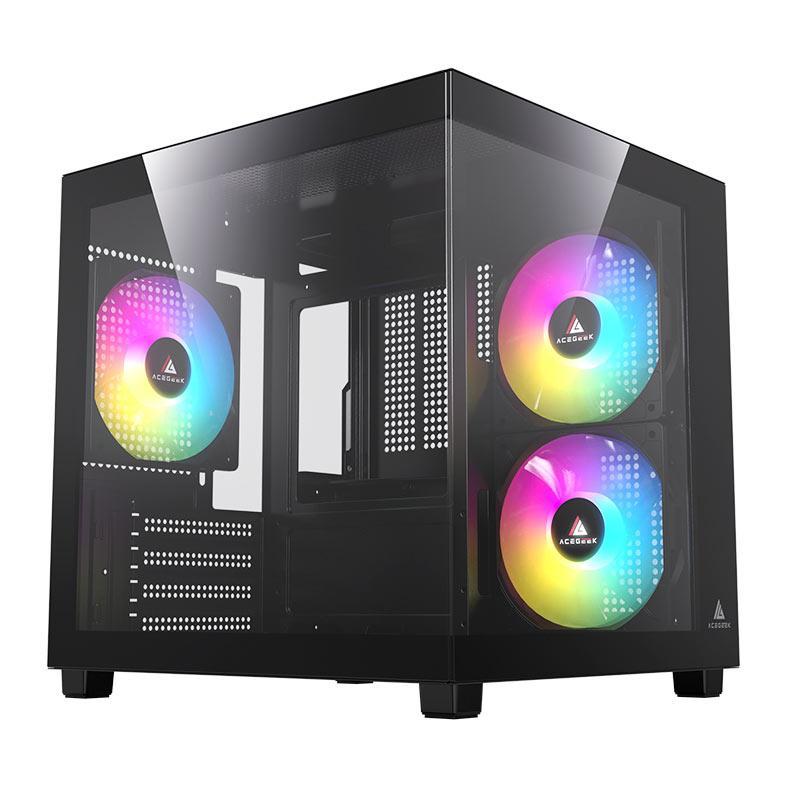 Gabinete Gamer Aquário Acegeek Ori Rainbow Mini-Tower Lateral e Vidro Com 3 Fans Preto, AG-ORI-BK-3F
