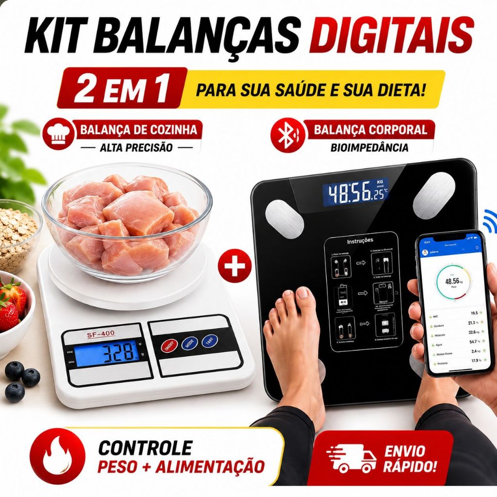 Kit Balança Digital Corporal Bioimpedância IMC Bluetooth 180KG + Balança Cozinha Alta Precisão 10kg