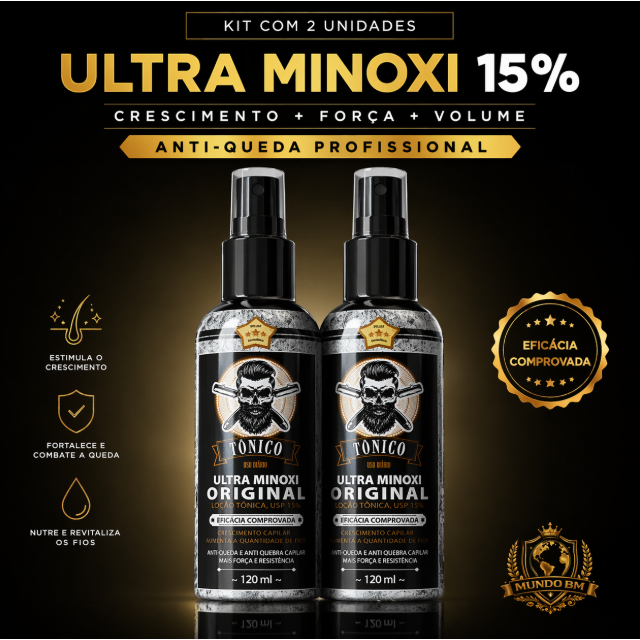 Kit 2 Tônico Capilar Ultra Minoxi 15% Crescimento Barba Cabelo Sobrancelha Anti-queda Original 120ml