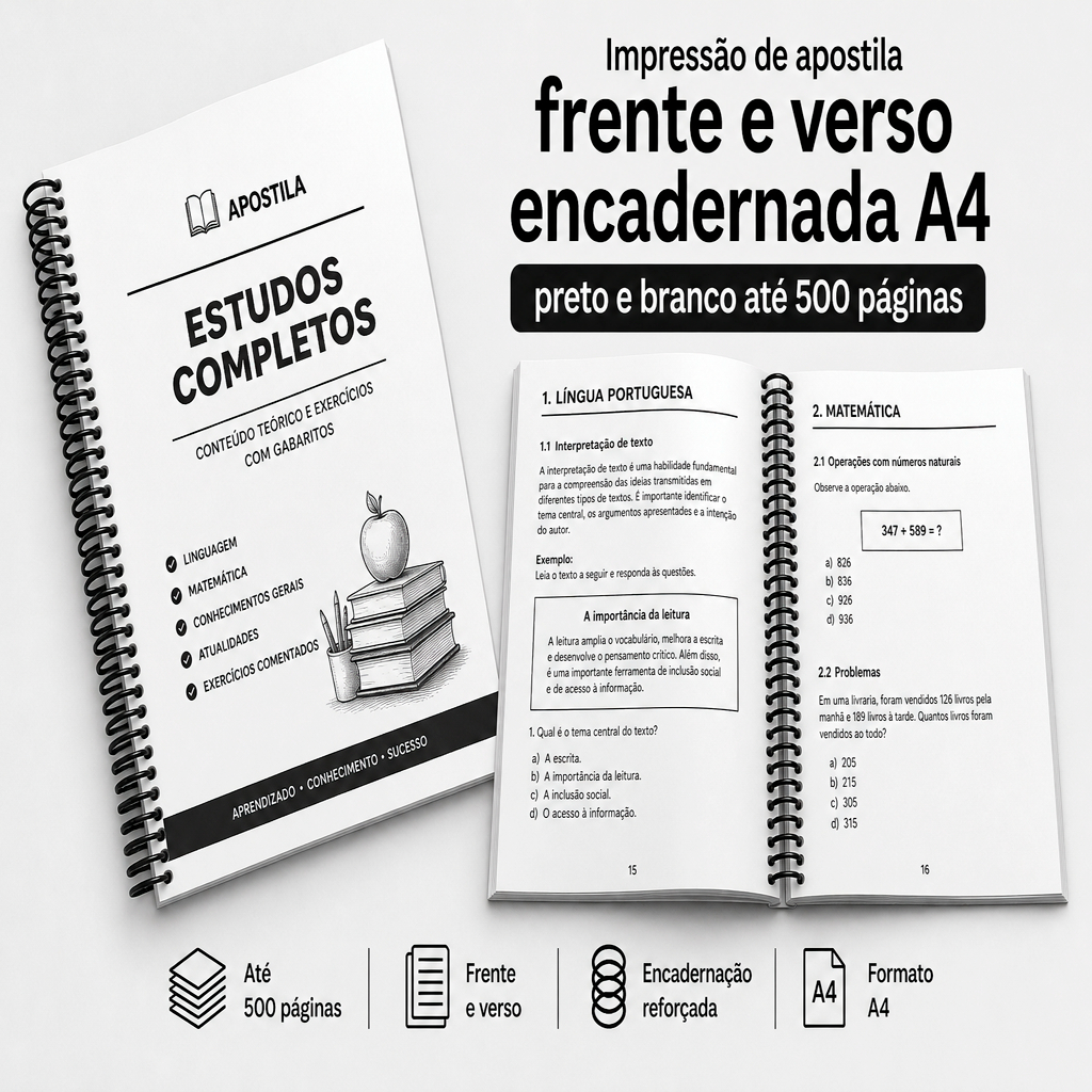 Impressão de Apostila de 20 até 500 páaginas 75gr PRETO e BRANCO Encadernada A4 frente e verso
