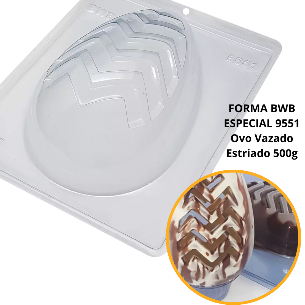 1~4 Forma BWB Com Silicone (3 partes) Para Chocolate Cód. 9551 - Ovo Vazado Estriado 500g. Páscoa (CHOCO)