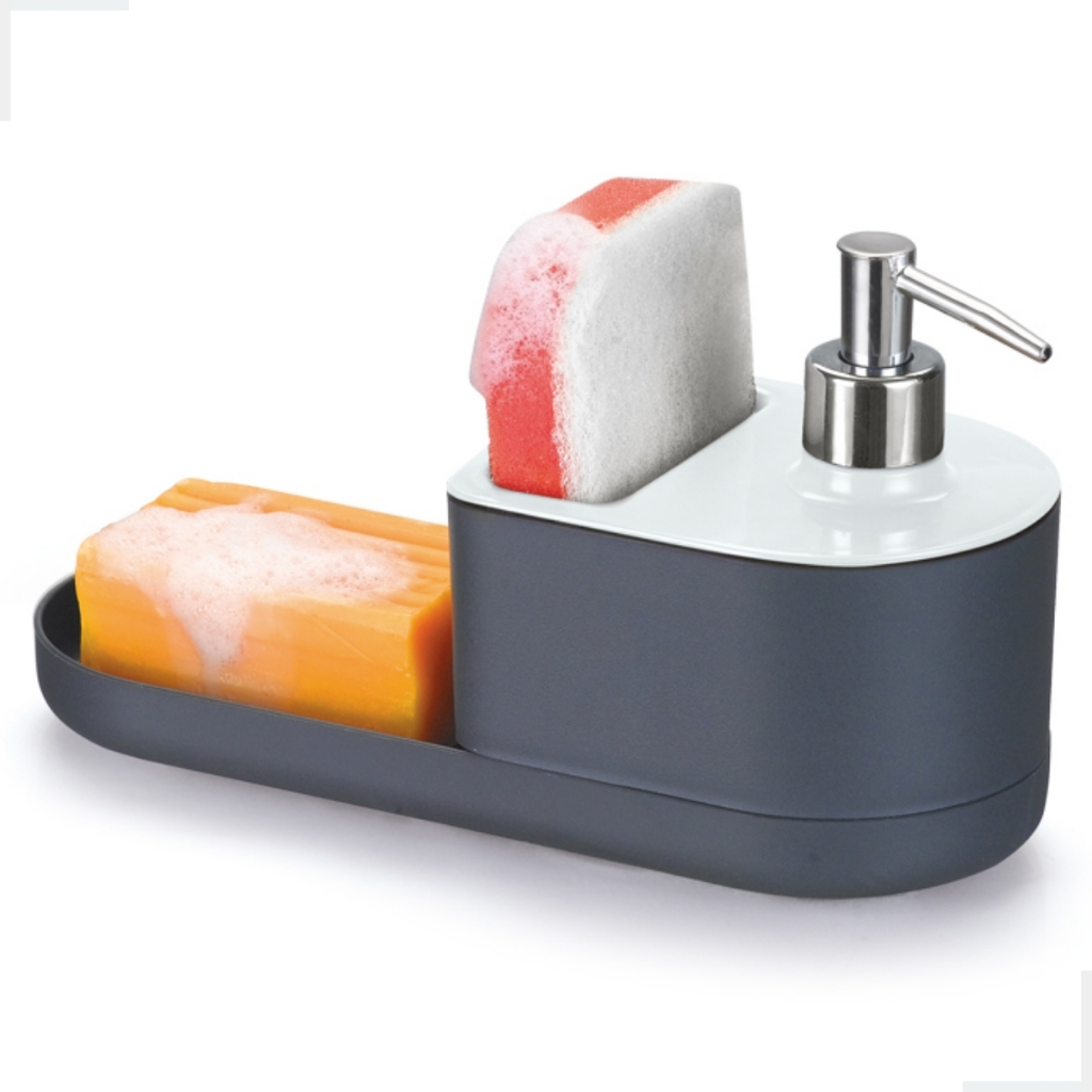 Dispenser Detergente Suporte Porta Bucha Esponja Sabao Pia Cozinha Lavanderia Cinza Arthi