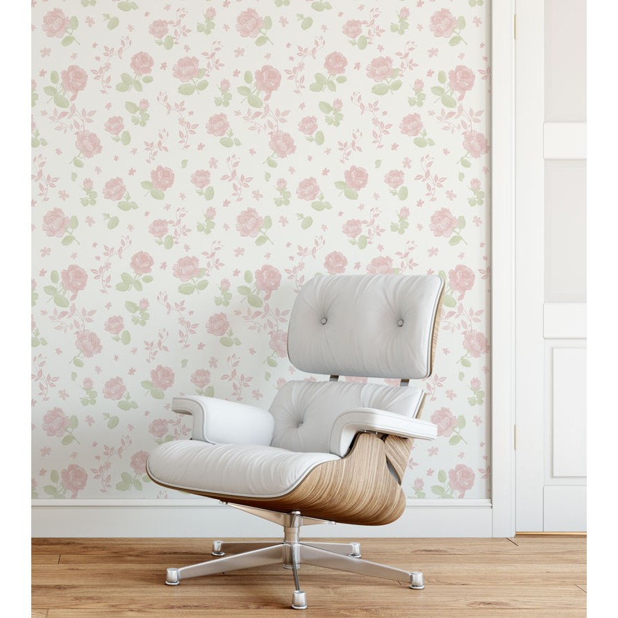 Papel de parede floral romance com fundo branco e flores rosa