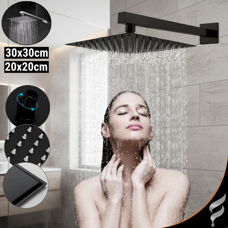 Chuveiro Ducha Aço Inox Quadrado Articulado Banheiro Piscina Área Externa 20x20cm Com Braço Preto