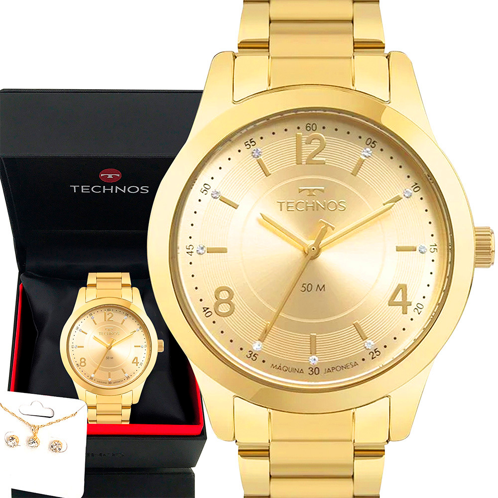 Relógio Technos Feminino Dourado Prova dágua com 1 ano de garantia com colar e brincos