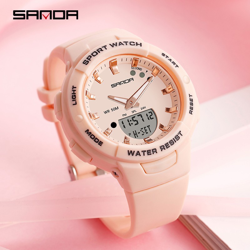 Sanda Relógio feminino de luxo multifuncional com alarme luminoso dia 24 horas semana mês relógio feminino